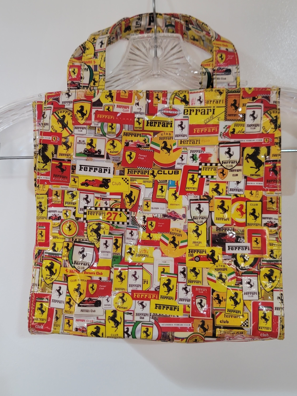 Vintage Ferrari Club All-OvFerrari Logo Pattern Vinyl Tote Bag in Yellow and Red